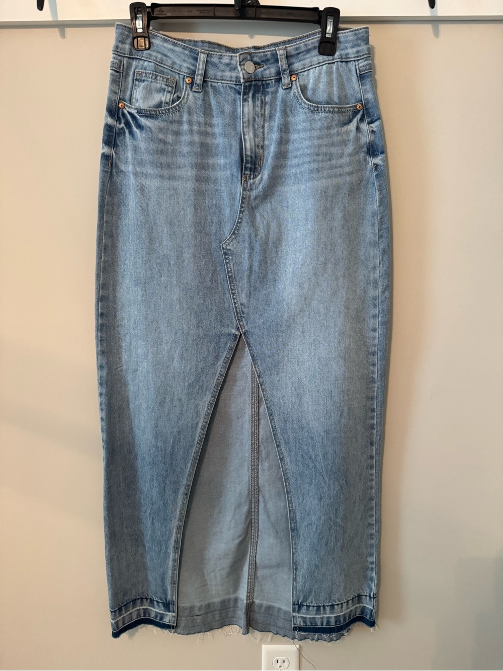 Sincerely Jules Light Blue long denim skirt with wide slit in front